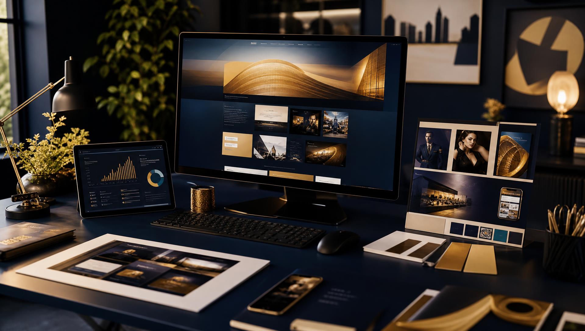 Premium marketing and web solutions workspace showing website designs, analytics dashboards and brand materials