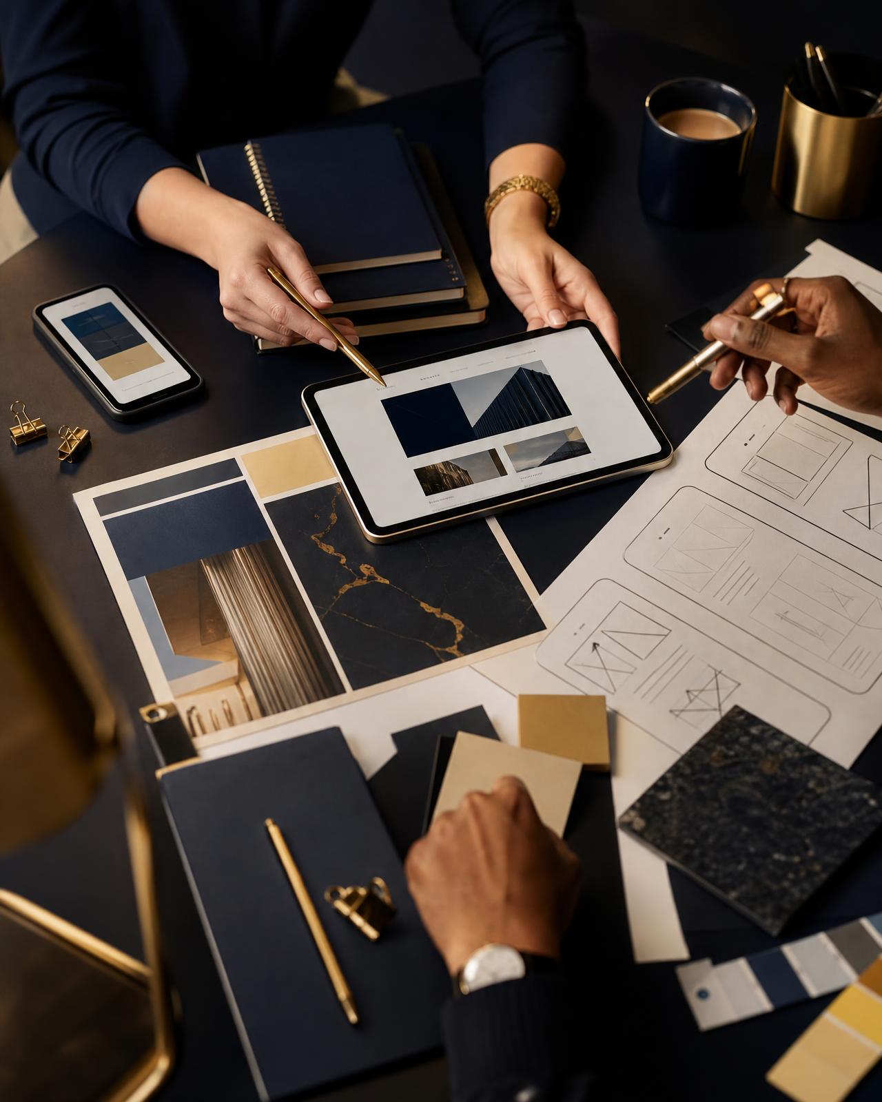 Creative team collaborating on website wireframes, brand strategy and digital marketing materials
